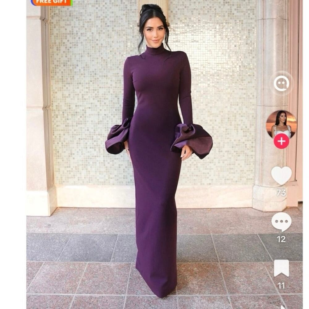 SOLACE LONDON Purple Puff-Sleeve High Collar Back Slit Viviana Dress size US 4